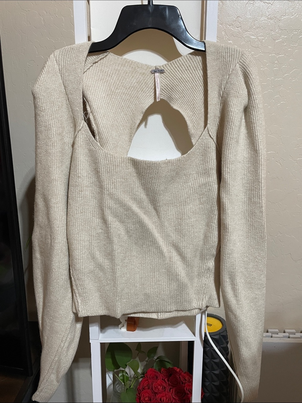 Free People Cream Ribbed Cutout Knit Top
